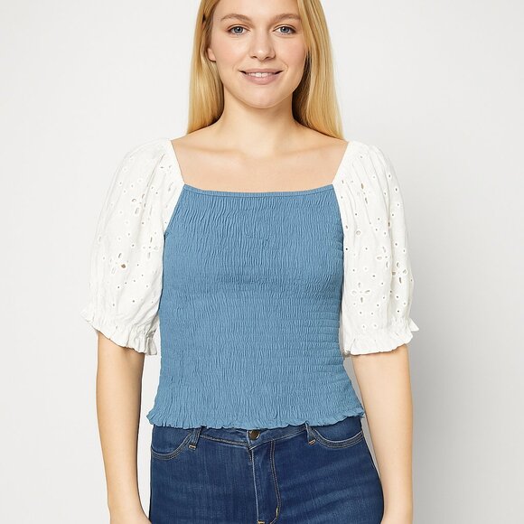 2/$30 Strut & Bolt Smocked Puff Sleeve Cropped Blouse Blue White #A0529 TRB3 - Picture 1 of 7